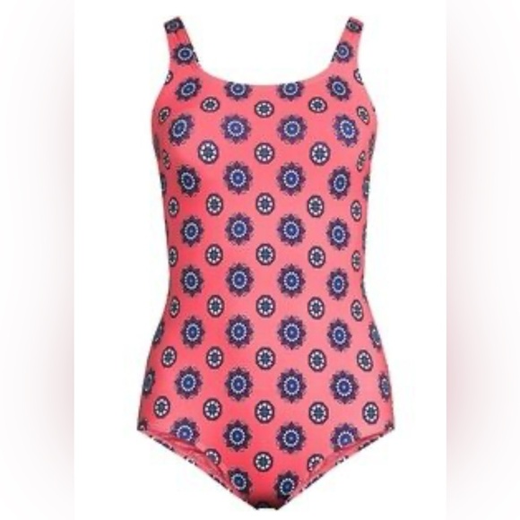 Lands End one piece swimsuit coral with blue medallion pattern - Picture 1 of 6